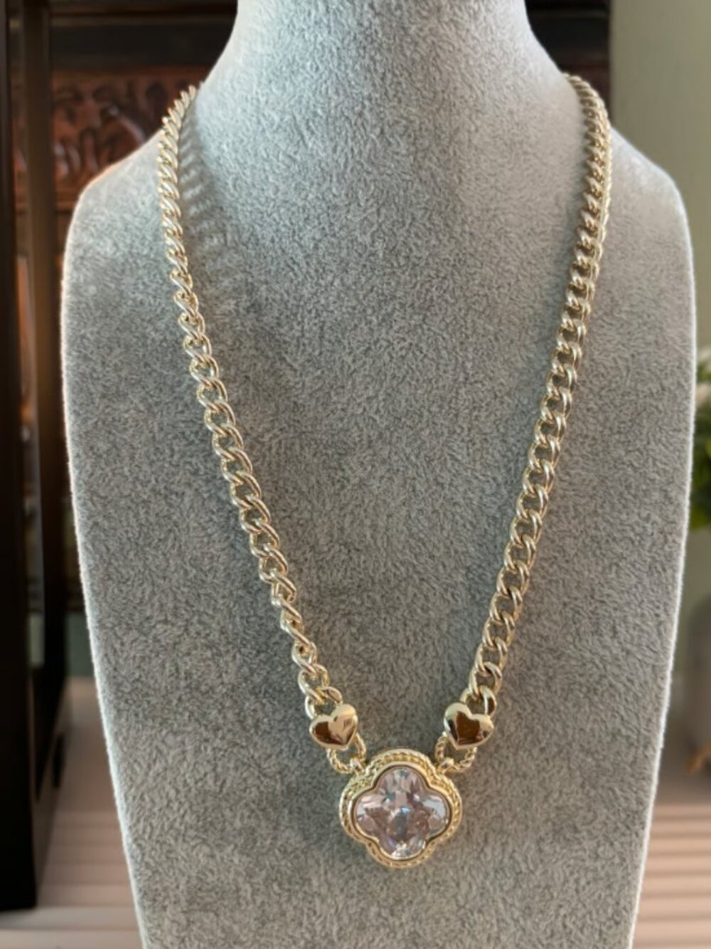 Clear CZ Clover and Hearts Necklace